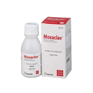 A white medicinal bottle and its outer box packaging for Moxaclav, a 60ml sugar-free powder for oral suspension manufactured by Square Pharmaceuticals.