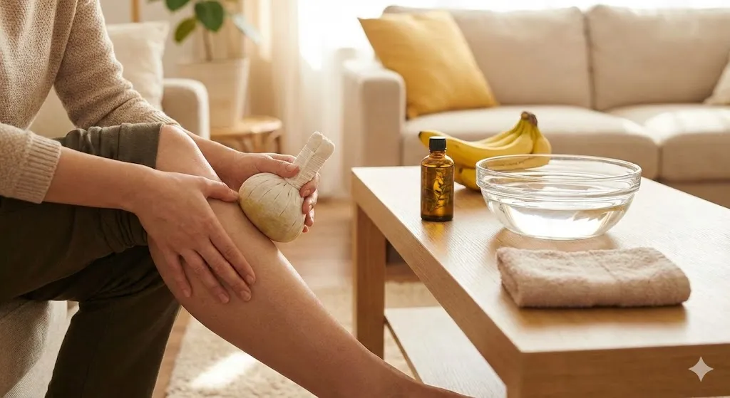 পায়ের মাংসপেশিতে ব্যথা কমানোর ঘরোয়া উপায় হিসেবে গরম সেঁক এবং ম্যাসাজ পদ্ধতি।