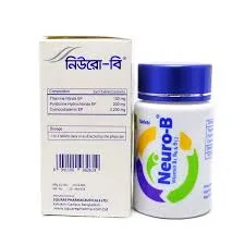স্কয়ার ফার্মাসিউটিক্যালসের নিউরো-বি (Neuro-B) ভিটামিন বি১, বি৬ এবং বি১২ সাপ্লিমেন্টের একটি বক্স এবং বোতল.