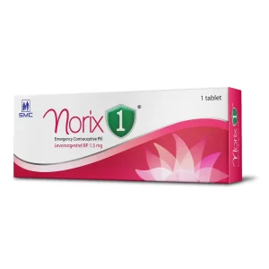 A white and pink rectangular box for Norix 1, an emergency contraceptive pill containing Levonorgestrel BP 1.5 mg, featuring a stylized flower graphic and the SMC logo.