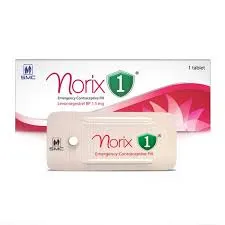 Product packaging and a single-tablet blister pack of Norix 1, an emergency contraceptive pill containing 1.5 mg of Levonorgestrel.