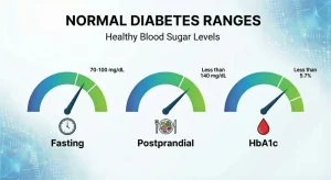 Infographic showing normal healthy blood sugar ranges with three gauge-style meters: Fasting blood glucose 70-100 mg/dL (with clock icon), Postprandial (after meal) less than 140 mg/dL (with plate of food icon), and HbA1c less than 5.7% (with blood drop icon); titled "Normal Diabetes Ranges – Healthy Blood Sugar Levels".