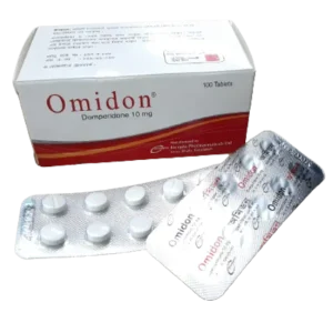 A white and red retail box of Omidon (Domperidone 10 mg) tablets displayed alongside two silver blister packs containing small white pills.