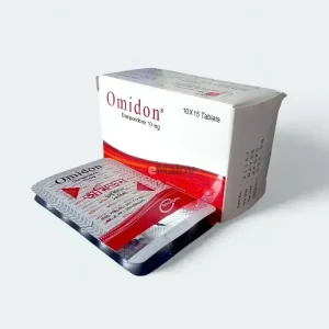 ওমিডন ১০ মিগ্রা (Omidon 10mg) ডোমপেরিডন ট্যাবলেটের একটি বক্স এবং স্ট্রিপের ছবি।