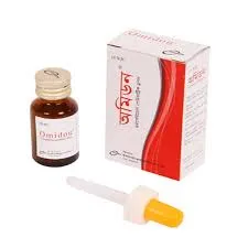 অমিডন (Omidon) পেডিয়াট্রিক ড্রপসের একটি সাদা ও লাল রঙের বক্স, ওষুধের বোতল এবং সাথে একটি প্লাস্টিক ড্রপার।