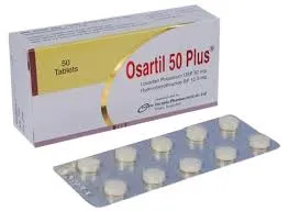 A box of Osartil 50 Plus tablets next to a silver blister pack containing ten white round pills, showing the active ingredients Losartan Potassium and Hydrochlorothiazide.