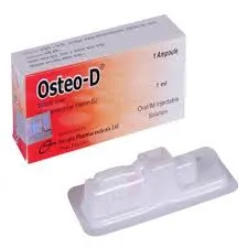 A white and orange box of Osteo-D (Cholecalciferol Vitamin D3) 200,000 IU oral/IM injectable solution shown next to its plastic ampoule packaging.
