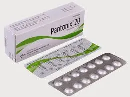A white cardboard box and two silver blister packs of Pantonix 20 tablets featuring green wave graphics on a plain light background.