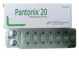 A white Pantonix 20 medication box placed above a silver blister pack showing individual tablets and product branding.