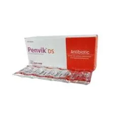 A white and orange box of Penvik DS antibiotic medication sitting behind a silver foil blister pack of tablets.