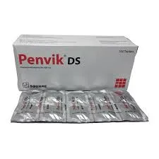 A white box of Penvik DS tablets by Square Pharmaceuticals displayed behind several silver foil blister strips on a white background