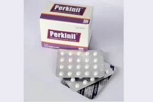A white and purple box of Perkinil 5mg tablets by Square Pharmaceuticals, shown with two silver blister packs containing small white pills.