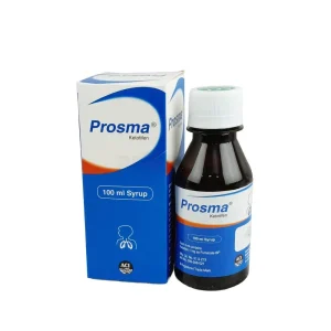A 100 ml bottle and box of Prosma Ketotifen syrup by ACI, featuring a blue and white design with a lung icon.