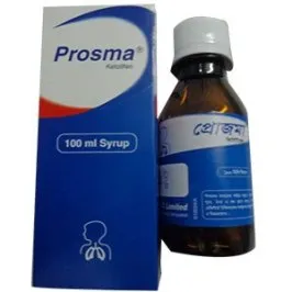 প্রোজমা (Prosma) কিটোটিফেন সিরাপের ১০০ মিলি বোতল এবং প্যাকেজিং বক্সের ছবি।