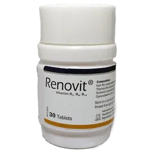 একটি সাদা রঙের প্লাস্টিকের বোতলে রেনোভিট(Renovit)  ভিটামিন বি১, বি৬ এবং বি১২ সাপ্লিমেন্ট ট্যাবলেট, যাতে ব্র্যান্ডের নাম এবং উপকরণের বিবরণ দৃশ্যমান।