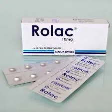 A box of Rolac 10mg film-coated tablets from Renata Limited next to a silver blister pack of small white pills.