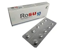 A white and gray box of Rosu 10 Rosuvastatin 10mg medication shown at an angle alongside a silver blister pack of ten tablets.