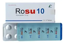 A white box of Rosu 10 and a light blue blister pack containing Rosuvastatin 10mg tablets by Popular Pharmaceuticals, showing labels in both English and Bengali.