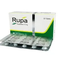 A white and green box of Rupa 10 mg tablets displayed with a silver foil blister pack in the foreground.