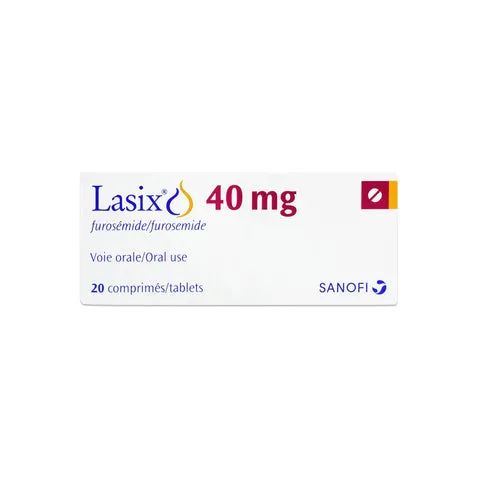 Front view of a white rectangular medication box for Lasix 40 mg by Sanofi, displaying text for 20 oral furosemide tablets.