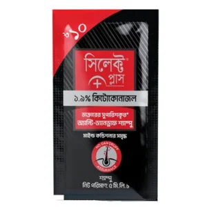 A black and red sachet of Select Plus Anti-Dandruff Shampoo with Bengali text, a "No Dandruff Assurance" logo, and 5ml net volume.