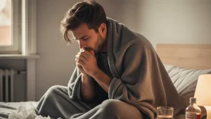 অসুস্থ মানুষ বিছানায় কম্বল মুড়ি দিয়ে বসে।