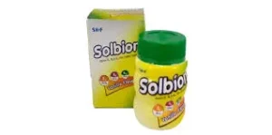 A yellow plastic bottle with a green cap sitting next to its matching cardboard retail box for Solbion Vitamin $B_1$, $B_6$, and $B_{12}$ vanilla-flavored supplements.