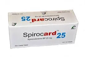 A white rectangular pharmaceutical box for Spirocard 25, containing 25 mg Spironolactone BP film-coated tablets.