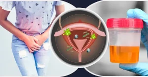 একটি কোলাজ ছবি যেখানে বাম দিকে তলপেটে ব্যথায় আক্রান্ত একজন ব্যক্তি, মাঝখানে মূত্রনালীতে জীবাণু সংক্রমণের ইলাস্ট্রেশন এবং ডান দিকে পরীক্ষার জন্য রাখা প্রস্রাবের নমুনা দেখা যাচ্ছে।