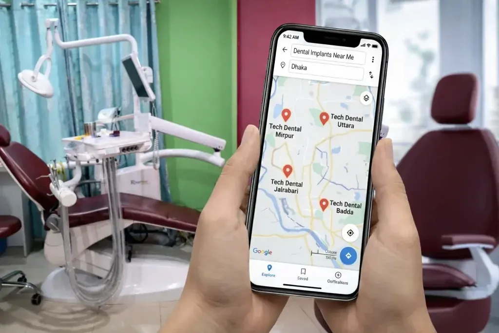 Mobile screen showing dental clinic near me locations for Tech Dental Care branches in Dhaka.