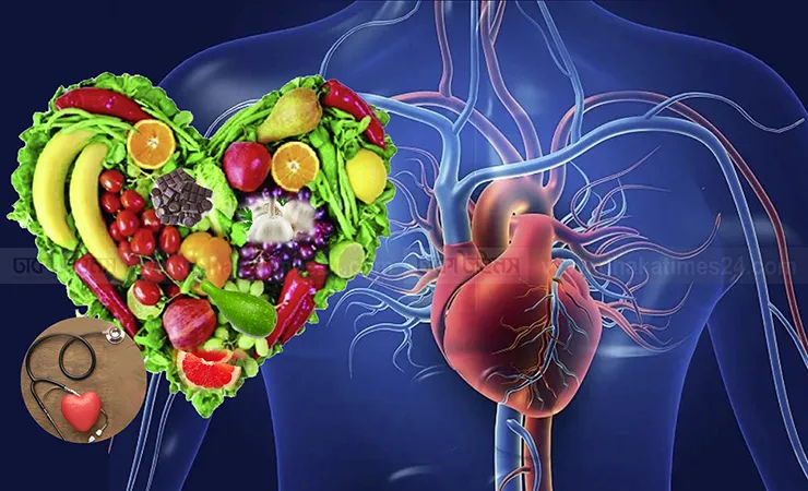 চিত্রে মানবদেহের হৃৎপিণ্ডের পাশে শাকসবজি ও ফলমূল দিয়ে গঠিত একটি হৃদয়ের আকৃতি এবং চিকিৎসায় ব্যবহৃত স্টেথোস্কোপ দেখানো হয়েছে।