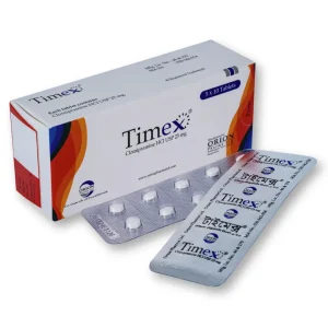 A box and two blister packs of Timex tablets, which contain 25 mg of Clomipramine HCl, manufactured by Orion Pharma Ltd.