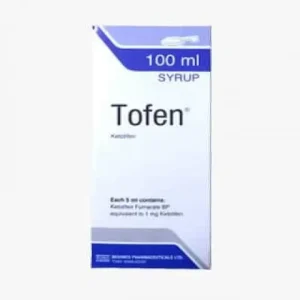 A white and blue box of Tofen 100ml syrup, showing the brand name and the active ingredient Ketotifen.