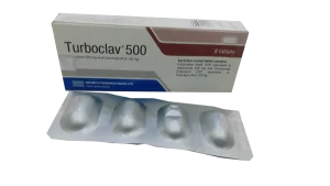 A white and maroon box of Turboclav 500 (Cefuroxime and Clavulanic Acid) by Beximco Pharmaceuticals, positioned behind a silver blister pack containing four tablets.