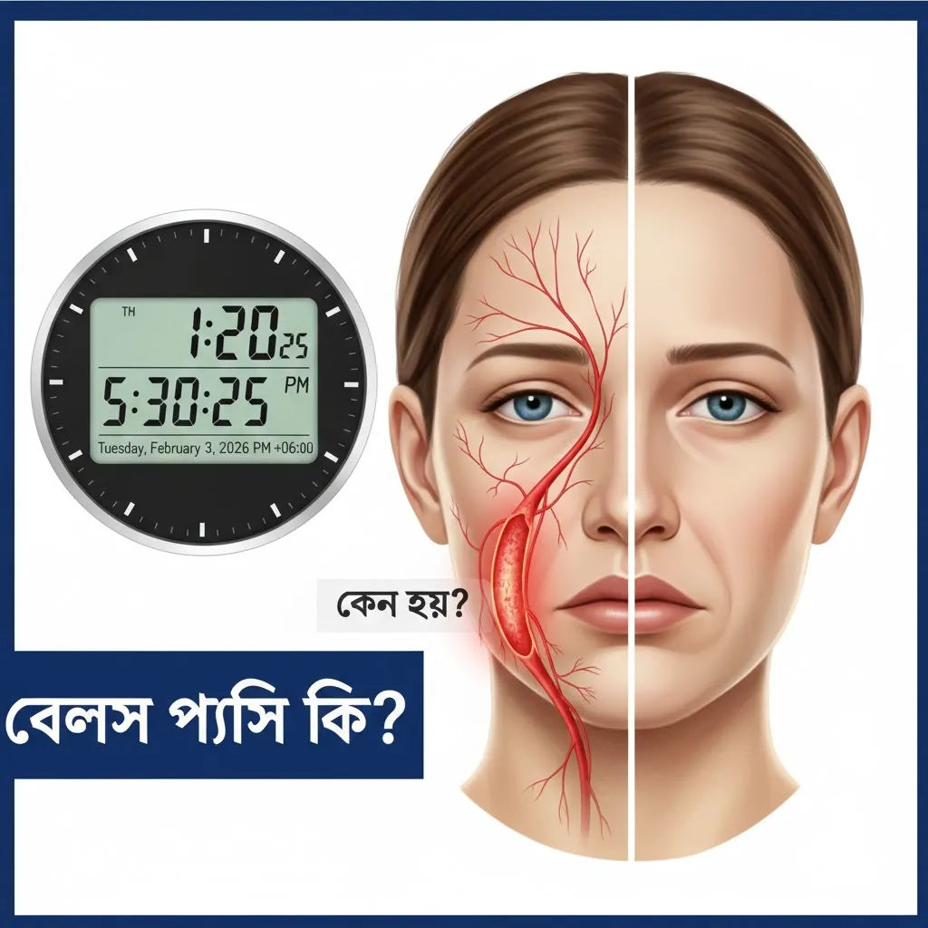 বেলস পালসি বা মুখ বেঁকে যাওয়ার সমস্যায় ফেসিয়াল নার্ভের প্রদাহ এবং মুখের একপাশ ঝুলে যাওয়ার একটি ইলাস্ট্রেশন।