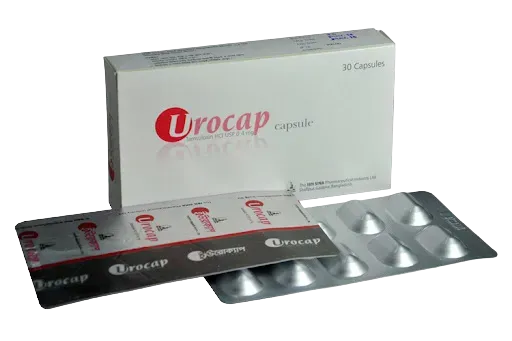 A white box of Urocap Tamsulosin HCl 0.4 mg capsules with two silver blister packs.