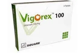 A white rectangular box of VigoRex 100 medication by Square Pharmaceuticals. The label specifies it contains Sildenafil 100 mg and a total of 4 tablets.