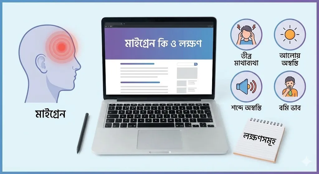 মাইগ্রেন কি এবং মাইগ্রেনের লক্ষণসমূহ সম্পর্কিত একটি বিস্তারিত ইনফোগ্রাফিক ছবি। যেখানে তীব্র মাথাব্যথা, আলো ও শব্দে অস্বস্তি এবং বমি ভাবের মতো প্রধান উপসর্গগুলো আইকনের মাধ্যমে ফুটিয়ে তোলা হয়েছে।