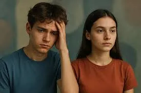 একটি বিষণ্ণ যুবক ও যুবতী পাশাপাশি বসে আছে; ছেলেটি কপালে হাত দিয়ে চিন্তিত এবং মেয়েটি গম্ভীর মুখে তাকিয়ে আছে।