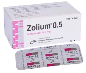 A white medicine box and a silver blister pack for Zolium 0.5, containing 0.5 mg Alprazolam tablets manufactured by Incepta Pharmaceuticals.