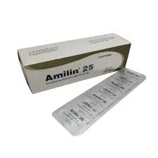 A white cardboard box and a silver blister pack of Amilin 25, which contains Amitriptyline Hydrochloride 25mg tablets.