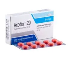 A box and a blister pack of Axodin 120 tablets, which contain 120 mg of Fexofenadine Hydrochloride, used for allergy relief.