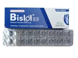 A blue and white box of Bislol 2.5 mg (Bisoprolol Fumarate) tablets placed next to a silver blister pack of the medication.