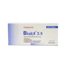 A front-facing view of a white and blue box for Bislol 2.5 mg tablets, containing Bisoprolol Hemifumarate for treating hypertension and heart failure.
