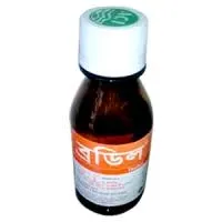 A small amber glass bottle of Brodil cough syrup featuring an orange and white label with Bengali text and a white cap.