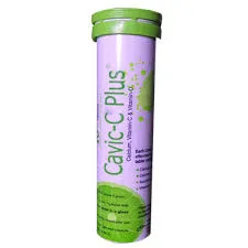 A purple and white cylindrical tube of Cavic-C Plus effervescent tablets, featuring a lime-green cap and graphics, containing Calcium, Vitamin C, and Vitamin D3.
