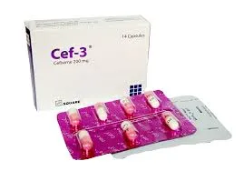 A white box and pink blister pack of Cef-3 Cefixime 200mg capsules manufactured by Square Pharmaceuticals.