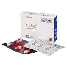 A white box of Cef-3 Cefixime 200mg medicine by Square Pharmaceuticals, shown with a blister pack of pink and white capsules.