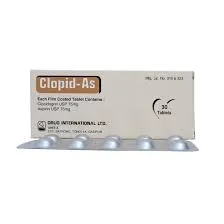 A front-facing view of an English-labeled box of Clopid-As medication listing Clopidogrel and Aspirin as ingredients, displayed with a tablet strip.