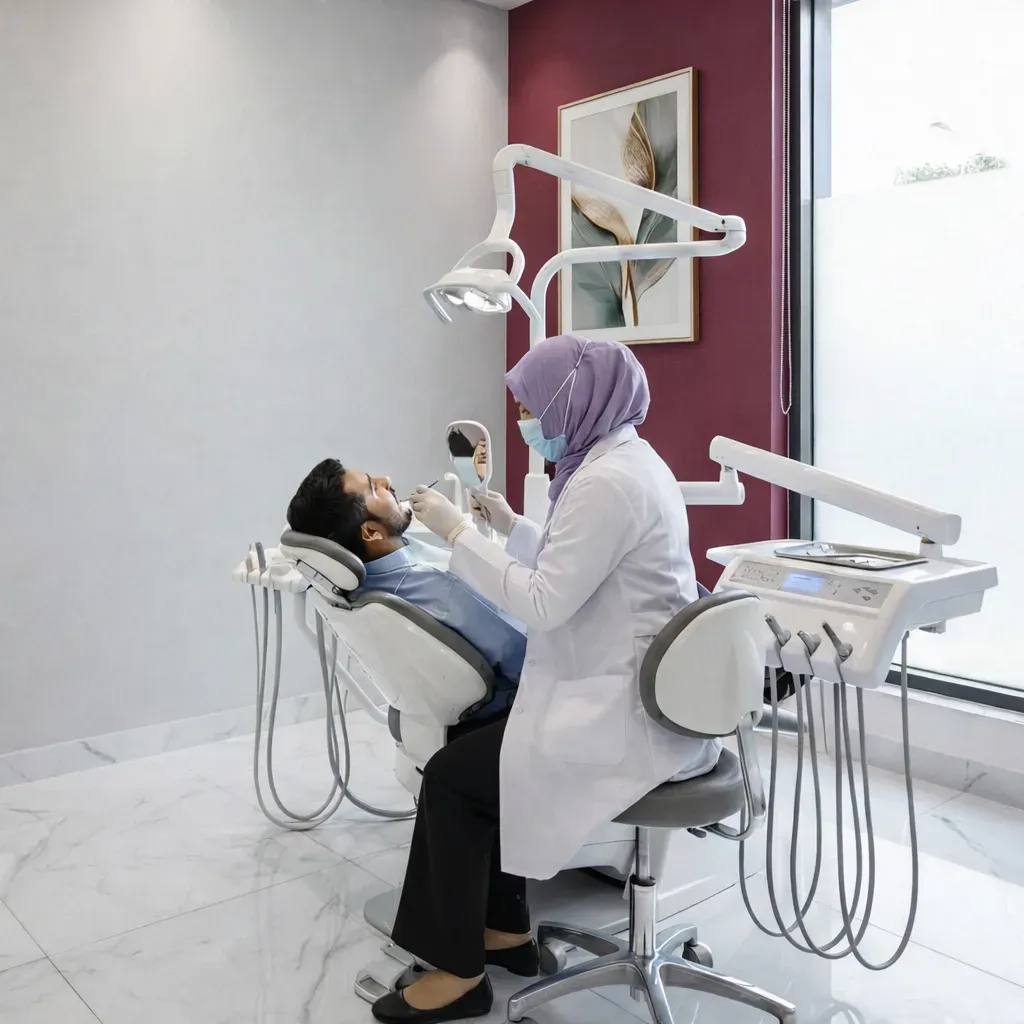 A dentist wearing a purple hijab and white coat examines a male patient in a modern dental office.